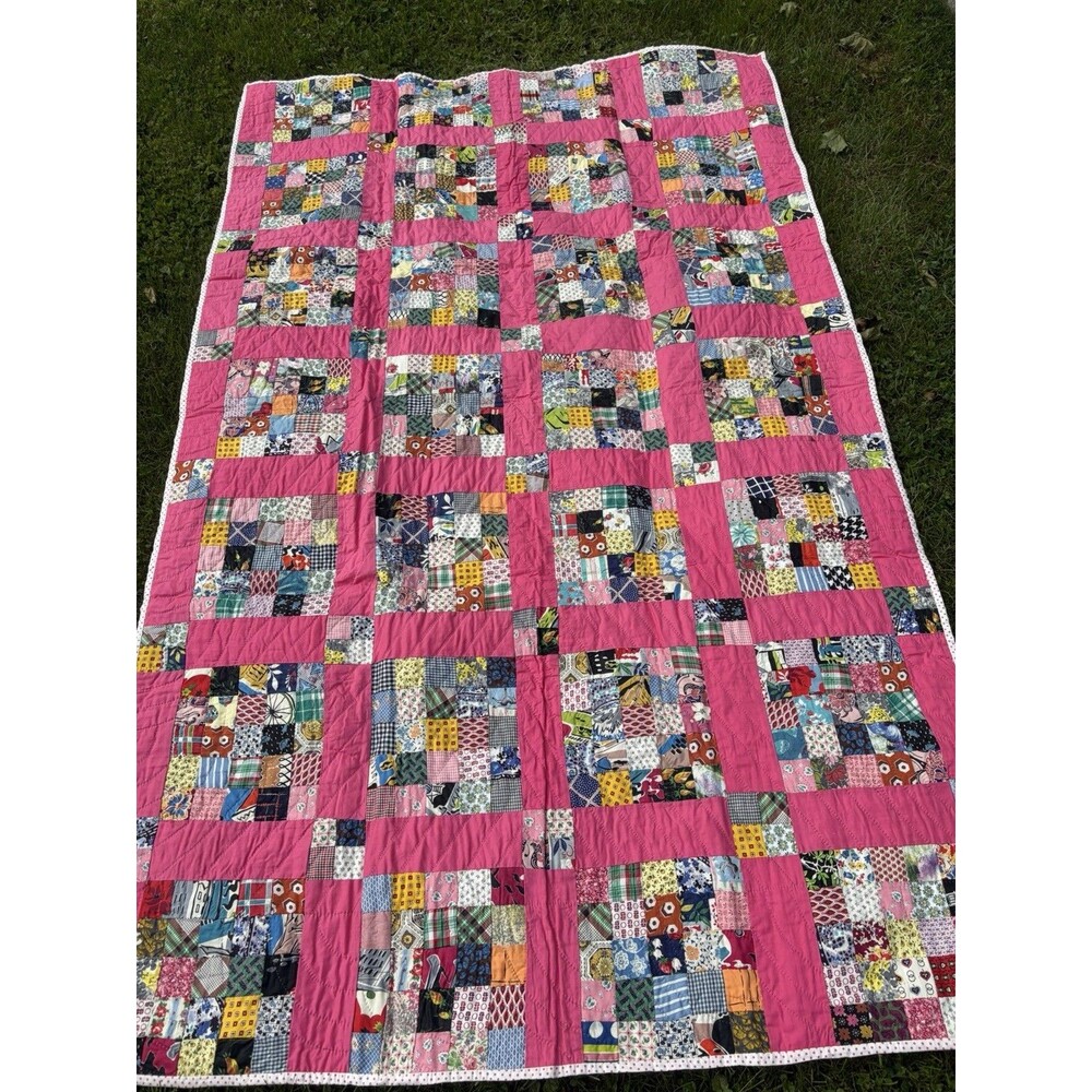 Vintage Handmade Patchwork Quilt 46x75 Lap Throw Bed Runner Postage Stamp Mint
